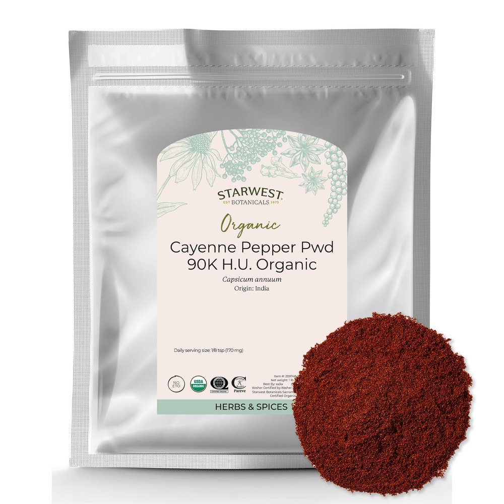 Starwest Botanicals Organic Cayenne Pepper Powder 90k HU - Adds Heat, Red Pepper Spice for Seasoning & Marinades, Derived from Capsaicin, Certified Kosher, Non-GMO - Bulk 1 lb Bag