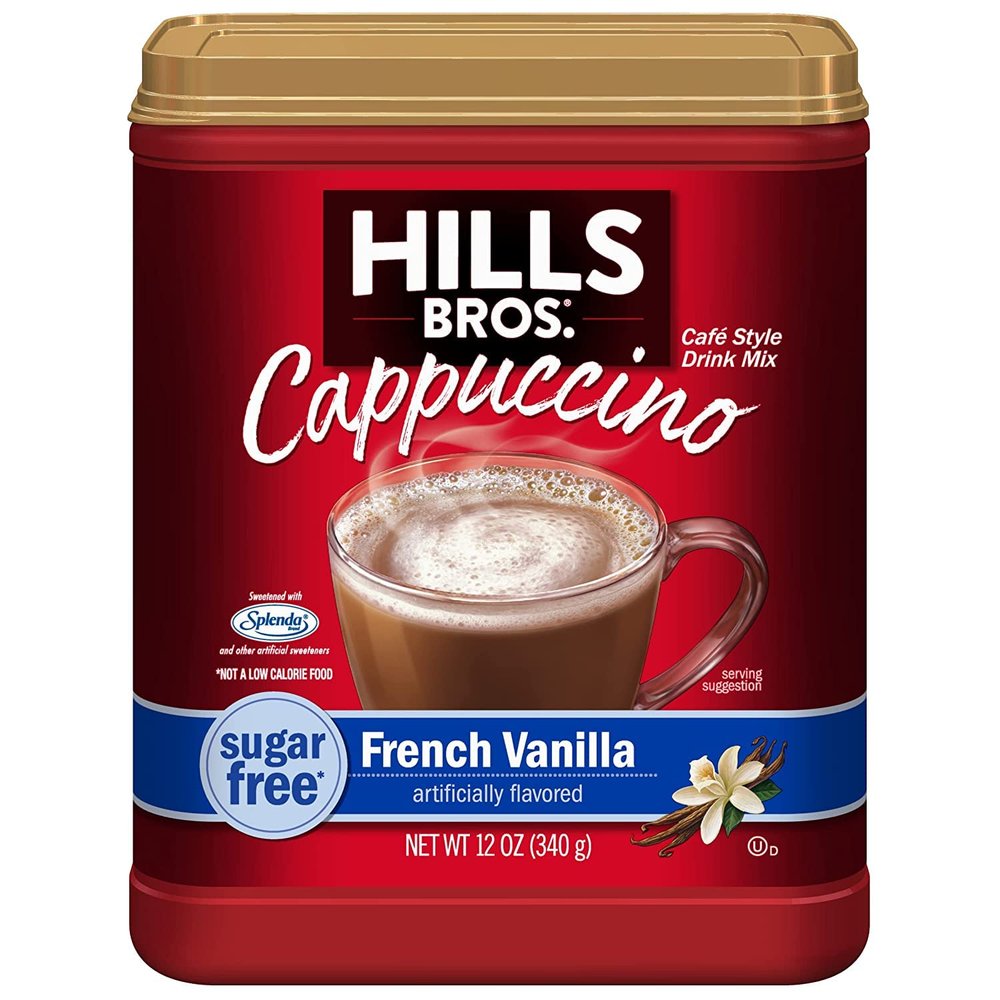Hills Bros. Cappuccino Mix  Rich, Frothy Coffeehouse-Tasting Instant Drink Mix  Quick & Easy Preparation  Perfect for Hot & Iced Drinks & Creaming Coffee  Sugar-Free French Vanilla, 1 Pack of 12oz