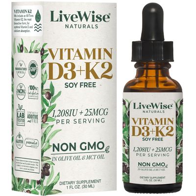 Live Wise Naturals Vitamin D3+K2 Liquid Drops - Organic MCT Oil Formula for Adults, Kids & Toddlers - Easy Absorption 1208 IU Vitamin D3 & 25 mcg K2 (mk7) for Immune Support & Bone Health - No flavour