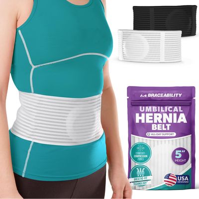 BraceAbility Umbilical Hernia Belt - Abdominal Binder Truss with Compression Pad for Belly Button, Navel, Ventral, Epigastric, Hiatal Hernia Relief, Surgery Brace for Men or Women (L/XL 5" White)