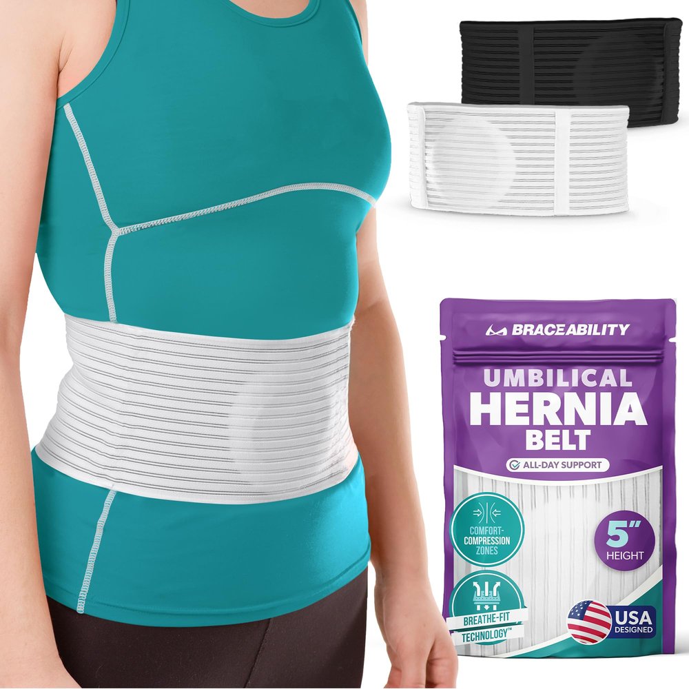 BraceAbility Umbilical Hernia Belt - Abdominal Binder Truss with Compression Pad for Belly Button, Navel, Ventral, Epigastric, Hiatal Hernia Relief, Surgery Brace for Men or Women (L/XL 5" White)