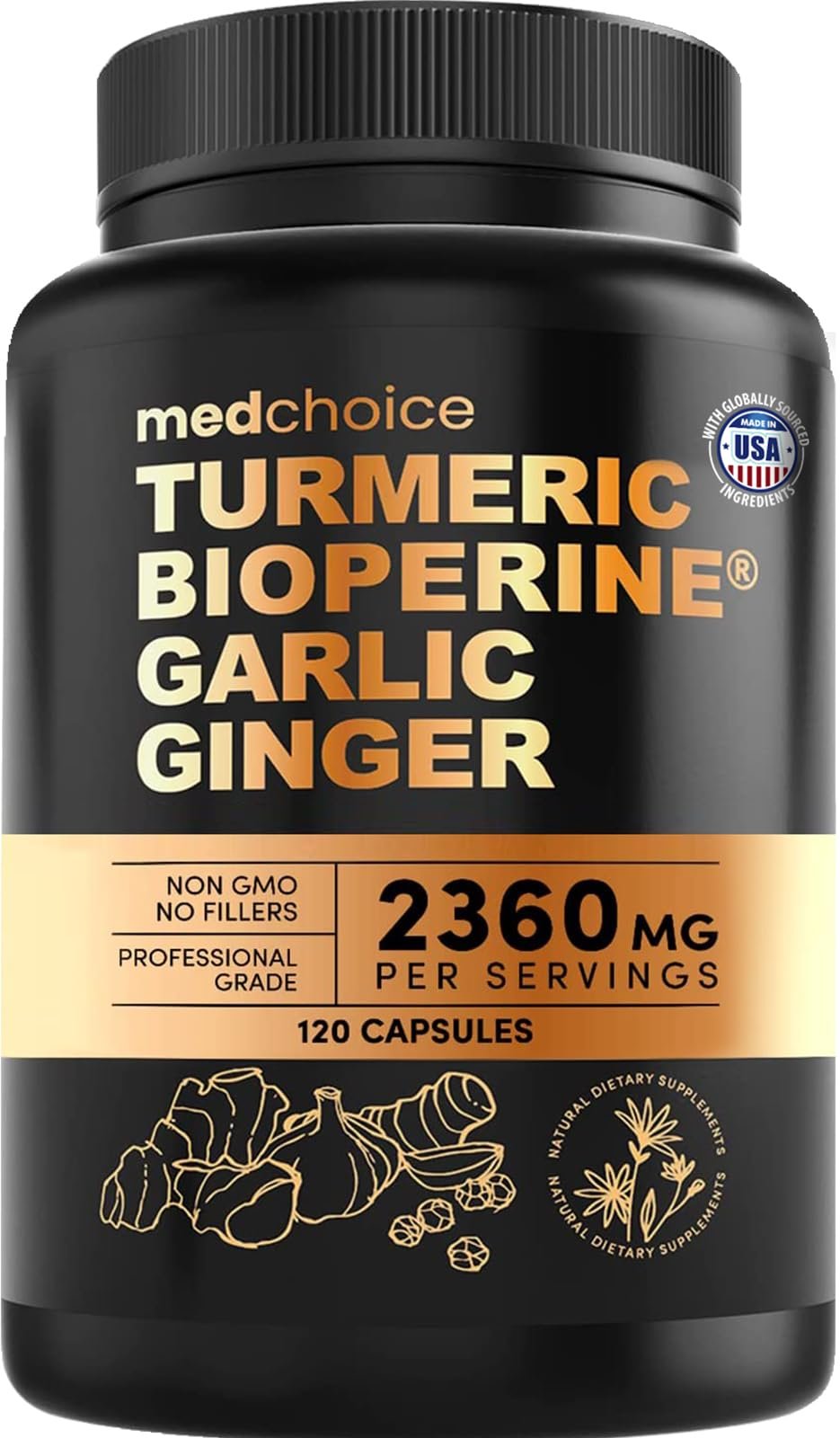 4-in-1 Turmeric and Garlic Supplements with BioPerine 2360mg Turmeric Ginger Root Capsules with Garlic High Potency Herbal Blend (120 ct)