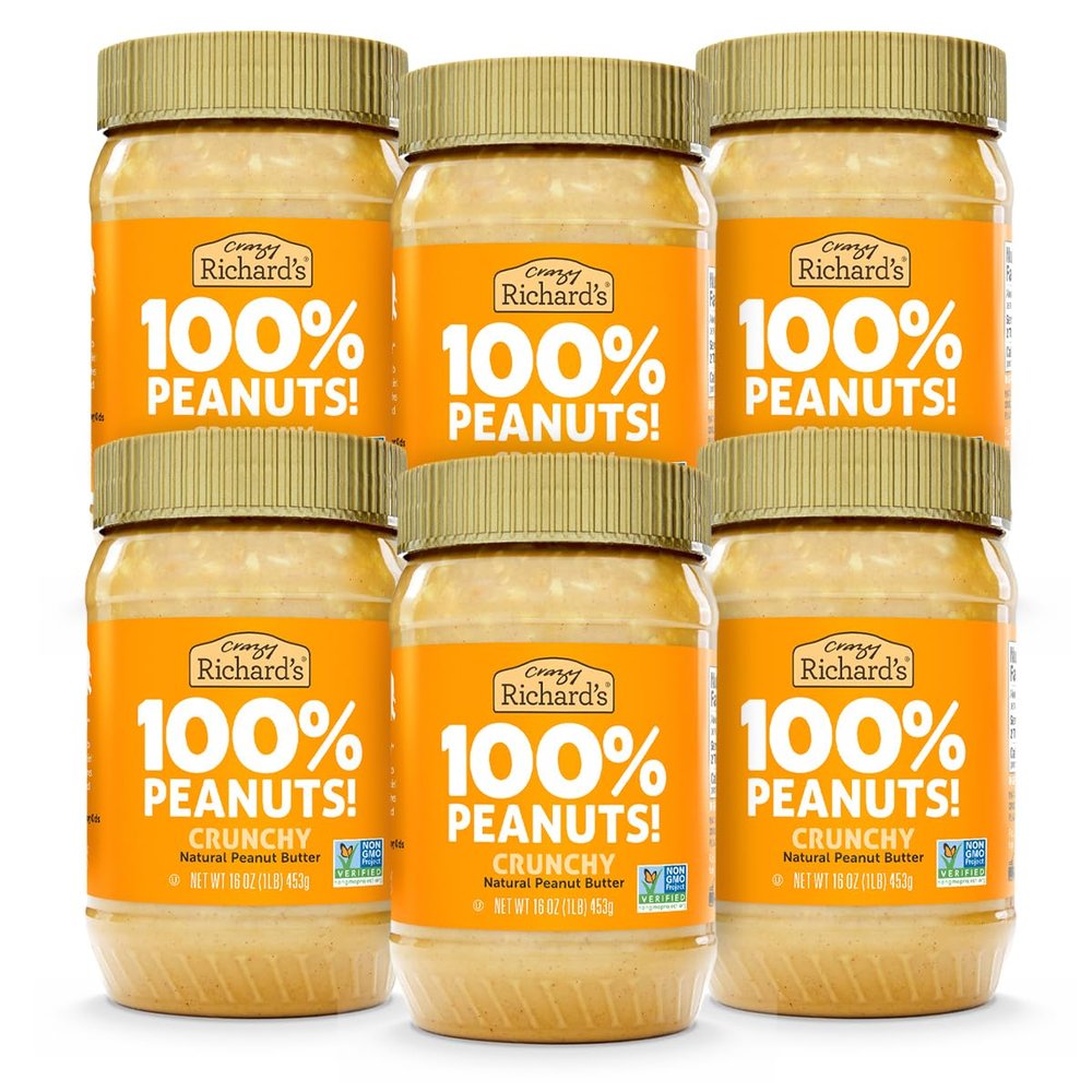 Crazy Richard's 100% All-Natural Crunchy Vegan Peanut Butter with No Added Sugar and Non-GMO (16 Ounce, Pack of 6)