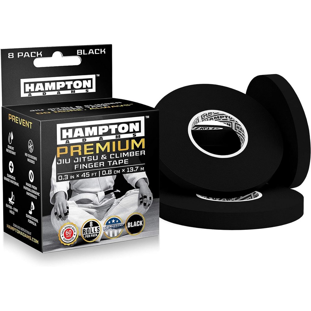 Hampton Adams | As Seen on Shark Tank | Pro Finger Tape (8-Pack) | for BJJ Bouldering Crossfit Weightlift | Non-Slip Extreme Quality No-Fray Climbing Tape | Extended Wear Super Strong Adhesive (Black)